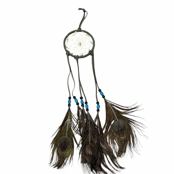 Handmade Sage Green Peacock Feather Hanging Dreamcatcher - Picture 2 of 14
